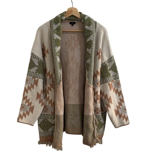 Debut Sweaters - Debut Cardigan Sweater Womens XL Open Front Fringed Hem Southwestern Aztec Longg